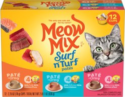 Meow Mix Pate in Gravy Surf n Turf Variety Pack Wet Cat Food, 2.75-oz cup, case of 12