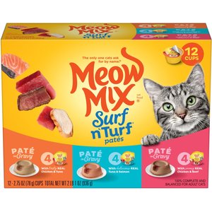 Meow Mix Pate in Gravy Surf n Turf Variety Pack Wet Cat Food, 2.75-oz cup, case of 12