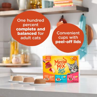 Show full view: Meow Mix Pate in Gravy Surf n Turf Variety Pack Wet Cat Food, 2.75-oz cup, case of 12 slide 6 of 10