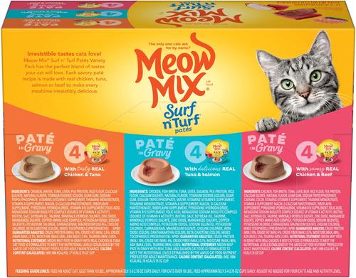 Show full view: Meow Mix Pate in Gravy Surf n Turf Variety Pack Wet Cat Food, 2.75-oz cup, case of 12 slide 4 of 10