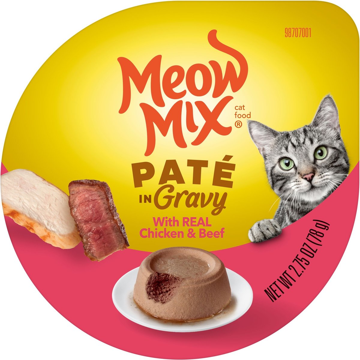 Meow Mix Pate in Gravy with Real Chicken & Beef Wet Cat Food, 2.75-oz cup, case of 12
