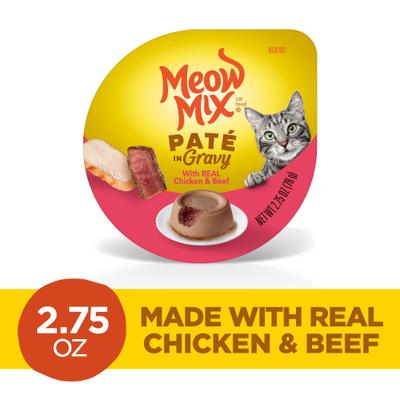 Show full view: Meow Mix Pate in Gravy with Real Chicken & Beef Wet Cat Food, 2.75-oz cup, case of 12 slide 3 of 10
