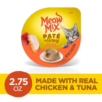 Show full view: Meow Mix Pate in Gravy with Real Chicken & Tuna Pate Wet Cat Food, 2.75-oz cup, case of 12 slide 3 of 10