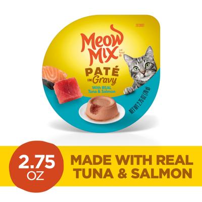 Show full view: Meow Mix Pate in Gravy with Real Tuna & Salmon Wet Cat Food, 2.75-oz cup, case of 12 slide 3 of 10