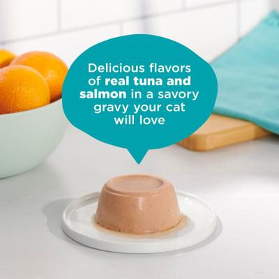 Show full view: Meow Mix Pate in Gravy with Real Tuna & Salmon Wet Cat Food, 2.75-oz cup, case of 12 slide 5 of 10