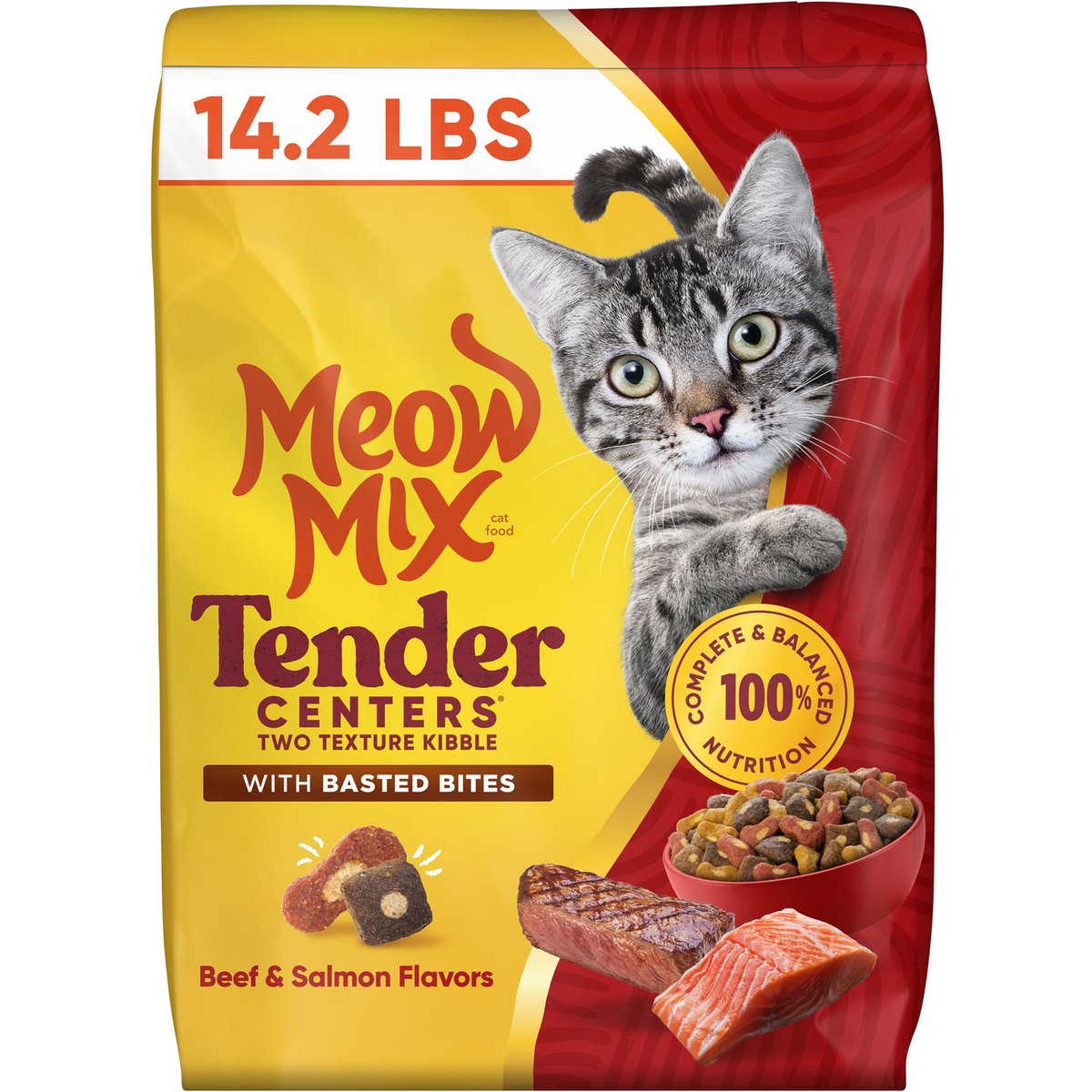 Meow Mix Tender Centers Basted Bites Beef & Salmon Flavors Dry Cat Food, 14.2-lb bag