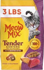 Meow Mix Tender Centers Basted Bites Chicken & Tuna Flavored Dry Cat Food, 3-lb bag