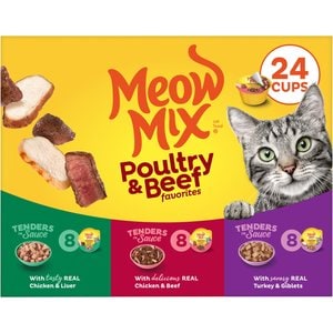 Meow Mix Tender Favorites Poultry & Beef Wet Cat Food Variety Pack, 2.75-oz cup, case of 24
