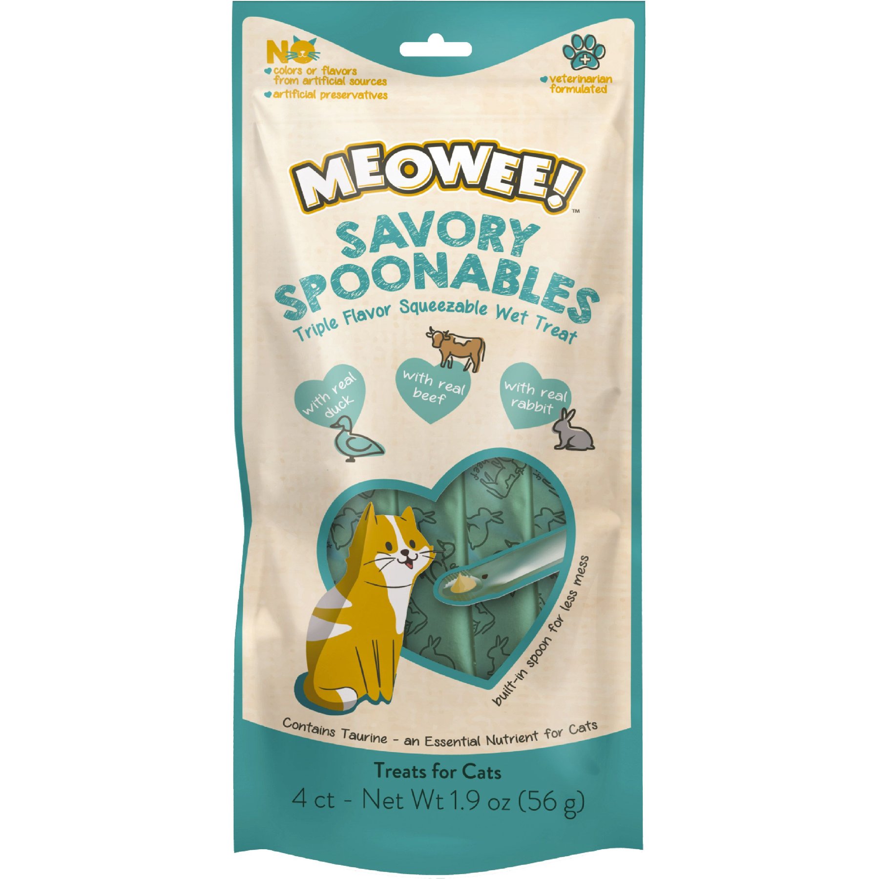 Meowee! Savory Spoonables with Real Duck, Beef & Rabbit Lickable Cat Treat, Squeezable Tube, 4 count