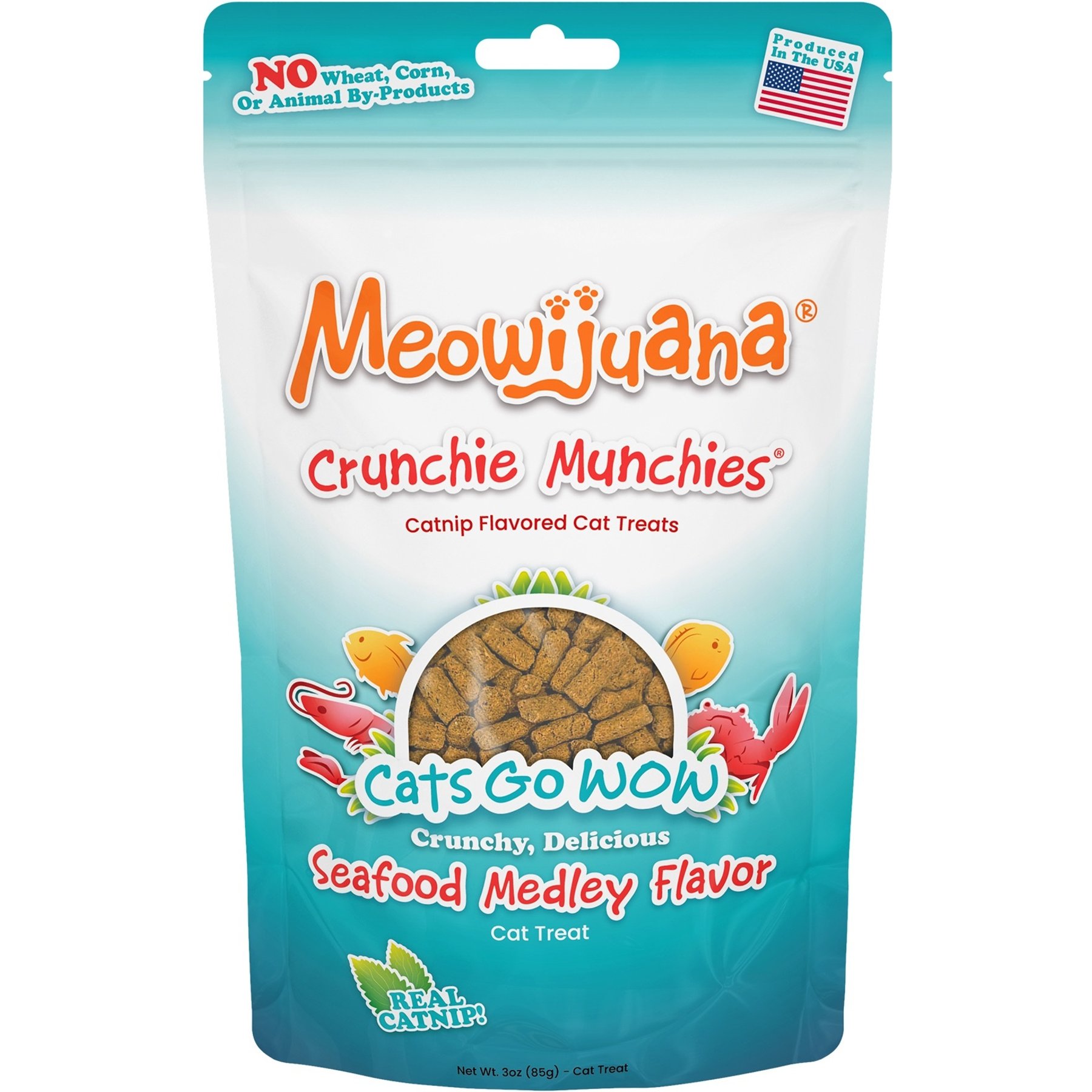 Meowijuana Crunchie Munchie Seafood Medley Catnip Crunchy Cat Treats, 3-oz bag