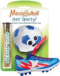 Meowijuana Get Sporty Soccer Ball & Cleat Refillable Plush Cat Toy with Catnip, Blue, Small, 2 count