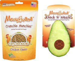 Meowijuana Knock 'n' Nibble Avocado Refillable Treat Dispensing Toy + Crunchie Munchie Chicken Flavored Catnip Crunchy Cat Treats, 3-oz bag
