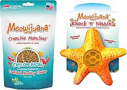 Meowijuana Knock 'n' Nibble Starfish Refillable Treat Dispensing Toy + Crunchie Munchie Seafood Medley Catnip Crunchy Cat Treats, 3-oz bag