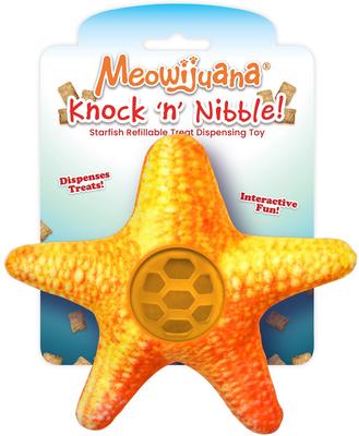 Show full view: Meowijuana Knock 'n' Nibble Starfish Refillable Treat Dispensing Toy + Crunchie Munchie Seafood Medley Catnip Crunchy Cat Treats, 3-oz bag slide 6 of 10
