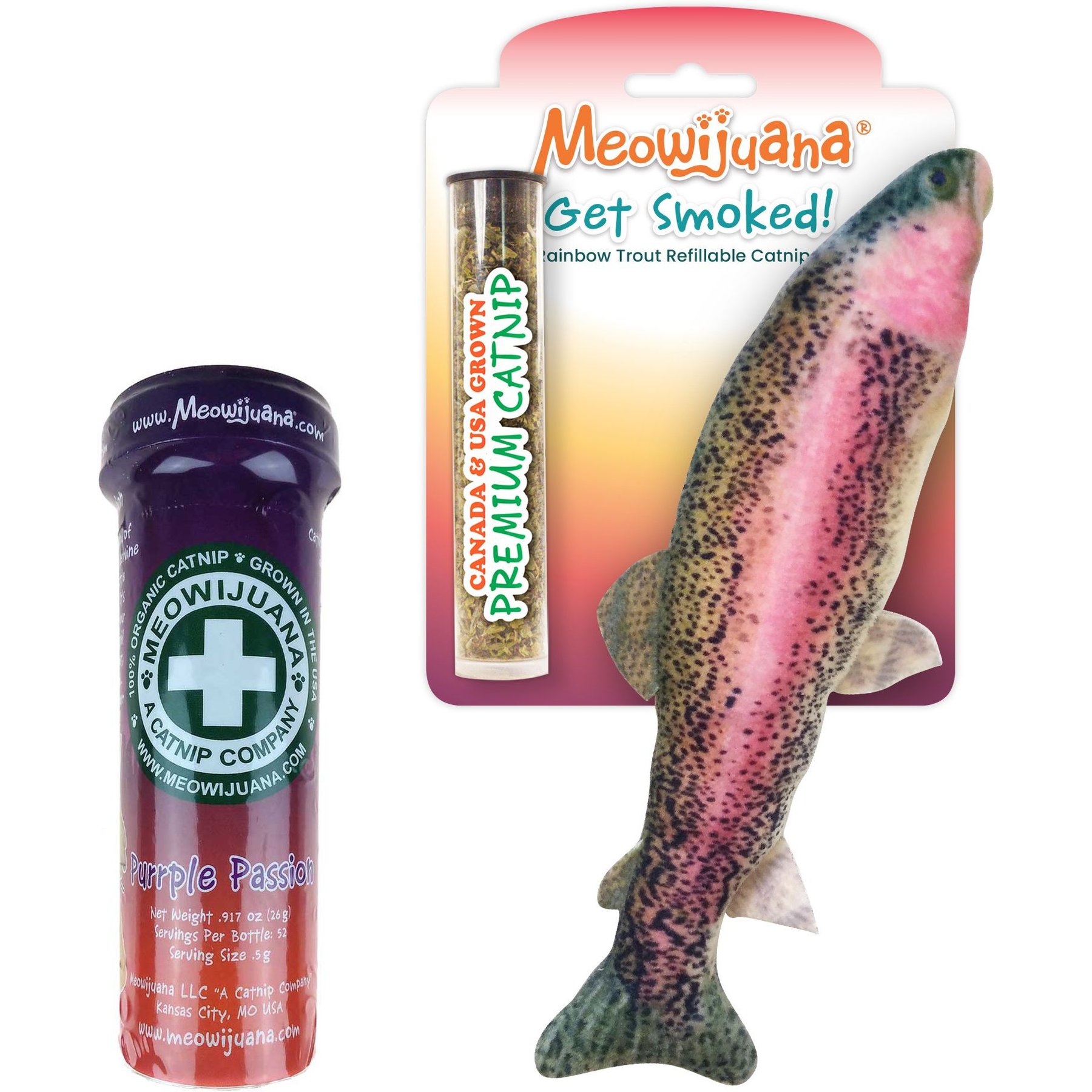 Meowijuana Purrple Passion Catnip & Silvervine Blend Catnip, 0.917-oz bottle + Meowijuana Refillable Get Smoked Catnip Fish Cat Toy