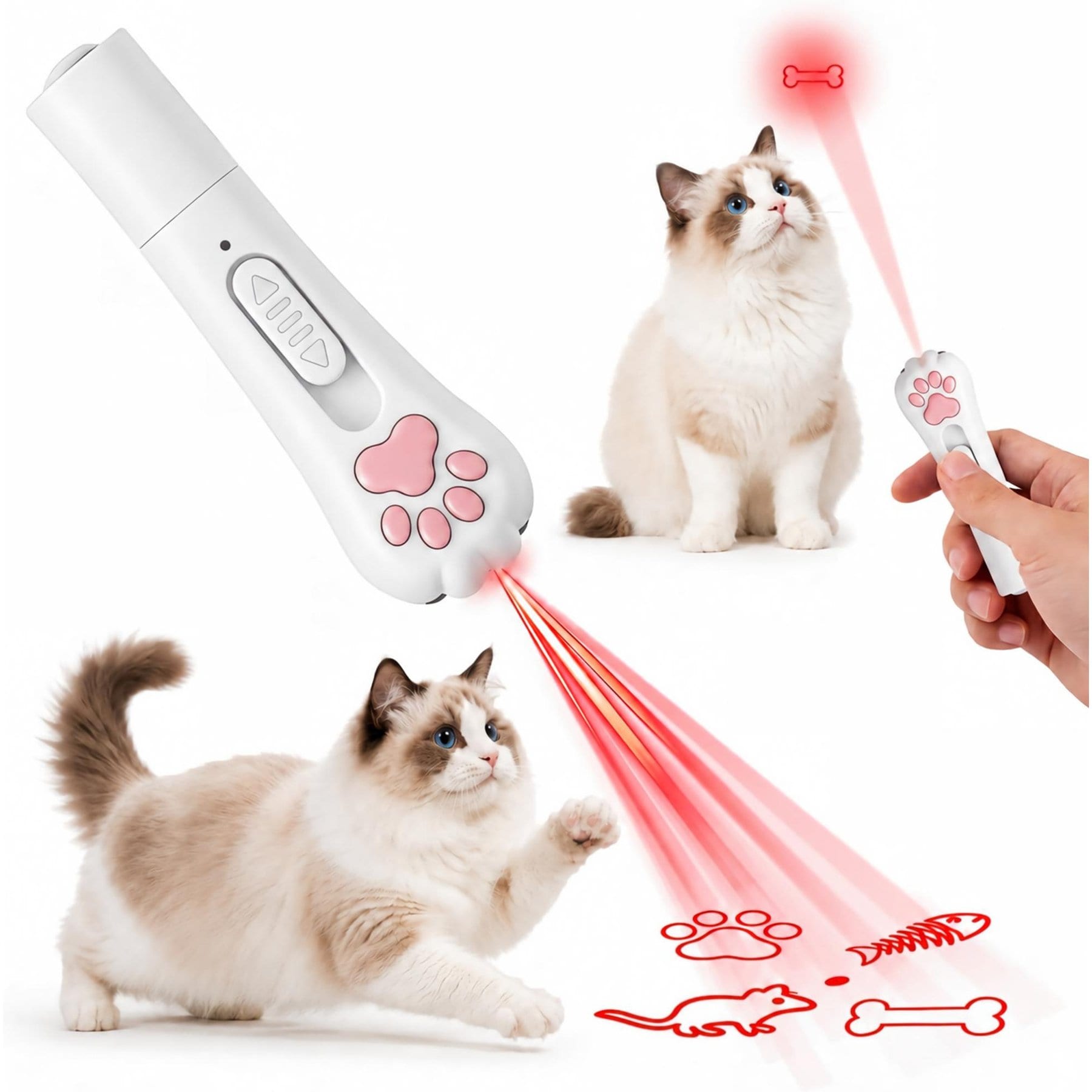 Meowvale Laser Pointer, Paw-shaped Interactive with 5 Switchable Patterns Chasing Glowing-& Light-Up Cat Toy, White