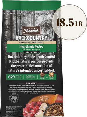 Show full view: Merrick Backcountry Bone Broth Coated Heartlands Recipe Beef & Bison Grain-Free Dry Dog Food, 18.5-lb bag slide 3 of 12