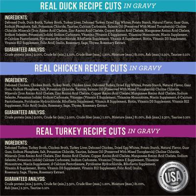Show full view: Merrick Backcountry Grain-Free Morsels in Gravy Real Duck, Chicken, Turkey Recipe Cuts Variety Pack Cat Food Pouches, 3-oz, case of 12 slide 5 of 12