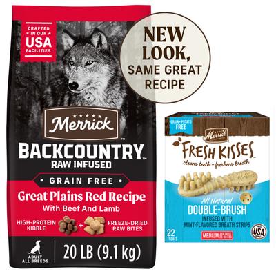 Show full view: Merrick Backcountry Raw Infused Grain-Free Dry Food Great Plains Red Recipe + Fresh Kisses Double-Brush Mint Breath Strip Infused Medium Dental Dog Treats slide 1 of 9