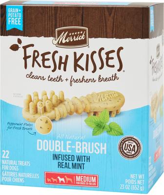 Show full view: Merrick Backcountry Raw Infused Grain-Free Dry Food Great Plains Red Recipe + Fresh Kisses Double-Brush Mint Breath Strip Infused Medium Dental Dog Treats slide 2 of 9