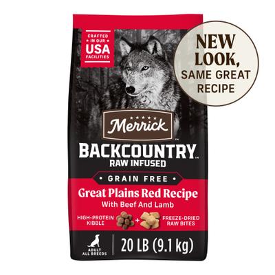 Show full view: Merrick Backcountry Raw Infused Grain-Free Dry Food Great Plains Red Recipe + Fresh Kisses Double-Brush Mint Breath Strip Infused Medium Dental Dog Treats slide 6 of 9