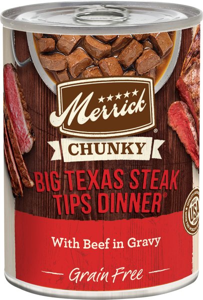 Merrick Chunky Grain-Free Big Texas Steak Tips Dinner Canned Dog Food, 12.7-oz, case of 12 Merrick Chunky Grain-Free Big Texas Steak Tips Dinner Canned Dog Food, 12.7-oz, case of 12