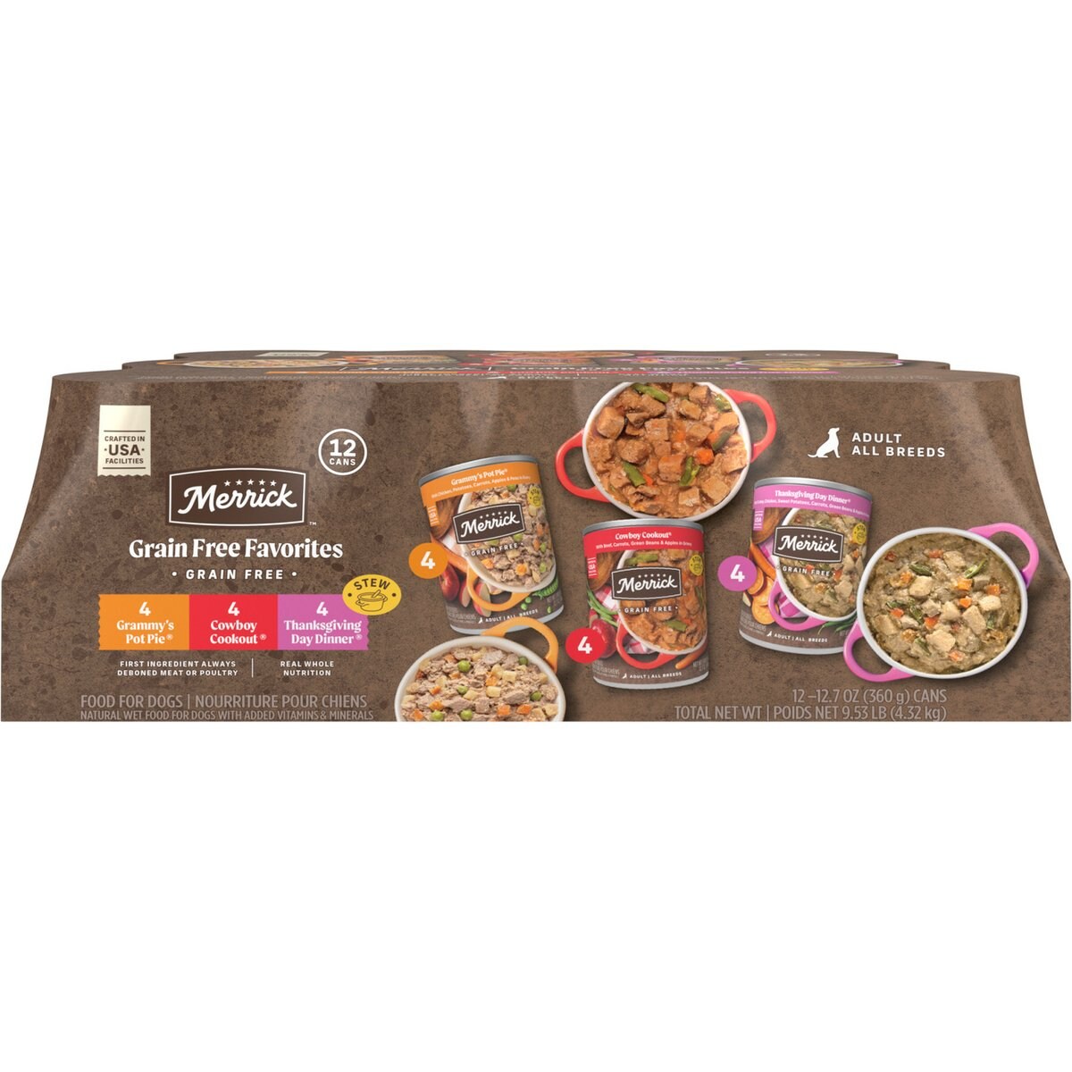 Merrick Favorites Variety Pack Adult Grain-Free Turkey Chicken & Beef Wet Dog Food, 12.7-oz can, case of 12
