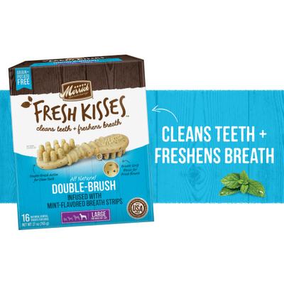 Show full view: Merrick Fresh Kisses Double-Brush Mint Breath Strip Infused Large Dental Dog Treats, 16 count slide 3 of 11