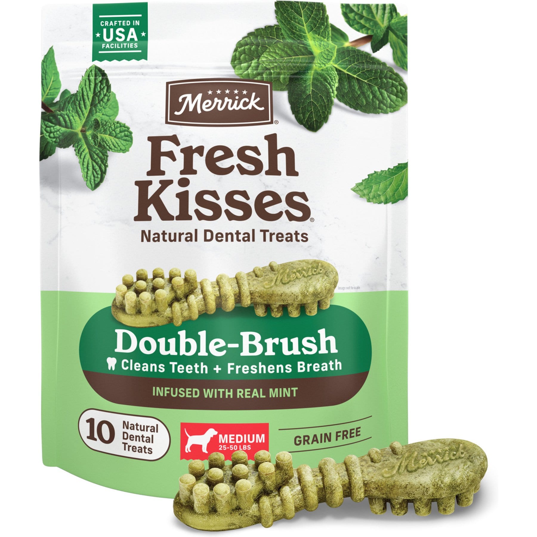 Merrick Fresh Kisses Double-Brush Mint Breath Strip Infused Medium Dental Dog Treats, 10 count