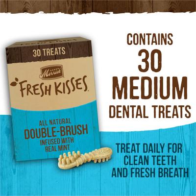 Show full view: Merrick Fresh Kisses Double-Brush Mint Breath Strip Infused Medium Dental Dog Treats, 30 count slide 10 of 12