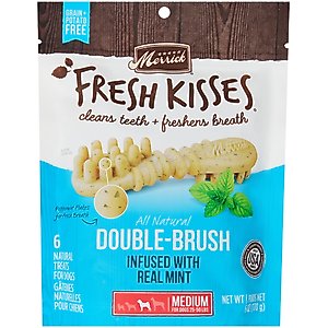 Merrick Fresh Kisses Double-Brush Mint Breath Strip Infused Medium Dental Dog Treats, 6 count