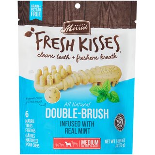 Merrick Fresh Kisses Double-Brush Mint Breath Strip Infused Medium Dental Dog Treats, 6 count slide 1 of 9