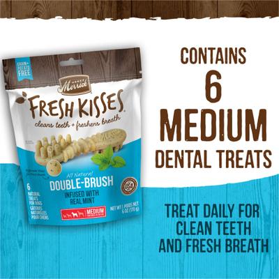 Show full view: Merrick Fresh Kisses Double-Brush Mint Breath Strip Infused Medium Dental Dog Treats, 6 count slide 10 of 12