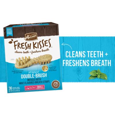 Show full view: Merrick Fresh Kisses Double-Brush Mint Breath Strip Infused Small Dental Dog Treats, 36 count slide 3 of 11