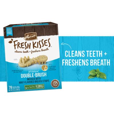 Show full view: Merrick Fresh Kisses Double-Brush Mint Breath Strip Infused X-Small Dental Dog Treats, 78 count slide 3 of 11