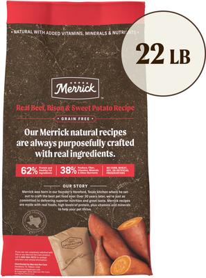 Show full view: Merrick Grain-Free Dry Dog Food Real Bison, Beef & Sweet Potato Recipe, 22-lb bag slide 3 of 12
