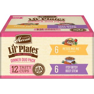 Merrick Lil’ Plates Dinner Duos Itsy Bitsy Beef Stew & Petite Pot Pie Variety Pack Grain-Free Wet Dog Food, 3.5-oz tub, case of 12 slide 1 of 9