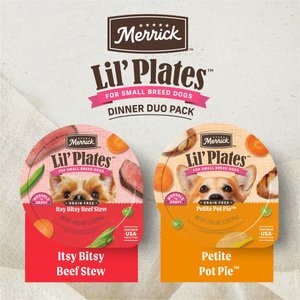 Merrick Lil’ Plates Dinner Duos Itsy Bitsy Beef Stew & Petite Pot Pie Variety Pack Grain-Free Wet Dog Food, 3.5-oz tub, case of 12