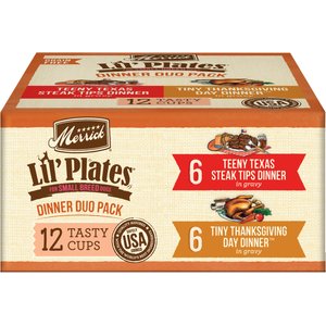 Merrick Lil’ Plates Dinner Duos Teeny Texas Steak Tips Dinner & Tiny Thanksgiving Day Dinner Variety Pack Grain-Free Wet Dog Food, 3.5-oz tub, case of 12