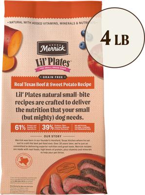 Show full view: Merrick Lil' Plates Grain-Free Chicken-Free Real Beef + Sweet Potato Recipe Small Breed Dry Dog Food, 4-lb bag slide 3 of 13