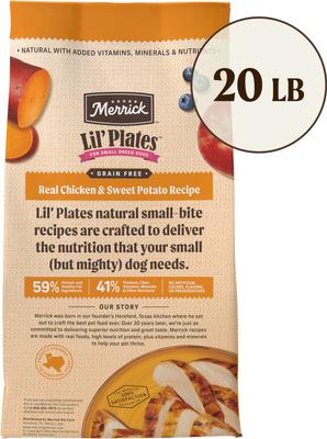 Show full view: Merrick Lil' Plates Grain-Free Small Breed Dry Dog Food Real Chicken + Sweet Potato Recipe, 20-lb bag slide 3 of 13
