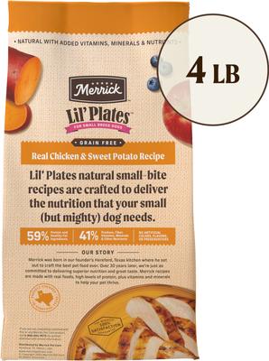 Show full view: Merrick Lil' Plates Grain-Free Small Breed Dry Dog Food Real Chicken + Sweet Potato Recipe, 4-lb bag slide 3 of 13