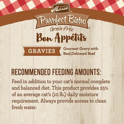 Show full view: Merrick Purrfect Bistro Bon Appetits Grain-Free Beef Recipe Chunks in Gravy Adult Cat Food Pouches, 3-oz, case of 24 slide 6 of 11