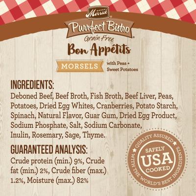 Show full view: Merrick Purrfect Bistro Bon Appetits Grain-Free Beef Recipe Morsels in Gravy Adult Cat Food Pouches, 3-oz, case of 24 slide 5 of 11