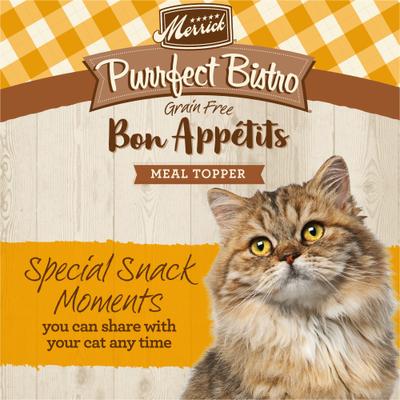 Show full view: Merrick Purrfect Bistro Bon Appetits Grain-Free Chicken Recipe Morsels in Gravy Adult Cat Food Pouches, 3-oz, case of 24 slide 4 of 10