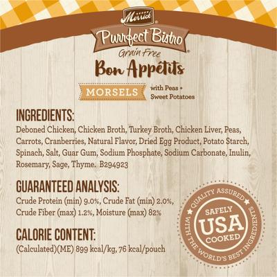 Show full view: Merrick Purrfect Bistro Bon Appetits Grain-Free Chicken Recipe Morsels in Gravy Adult Cat Food Pouches, 3-oz, case of 24 slide 6 of 10