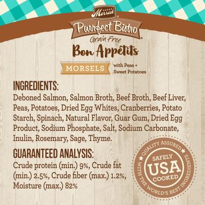 Show full view: Merrick Purrfect Bistro Bon Appetits Grain-Free Salmon Recipe Morsels in Gravy Adult Cat Food Pouches, 3-oz, case of 24 slide 5 of 11