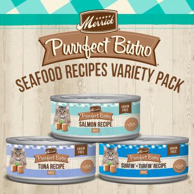 Show full view: Merrick Purrfect Bistro Seafood Recipes Variety Pack Grain-Free Wet Cat Food, 5.5-oz can, case of 24 slide 3 of 13
