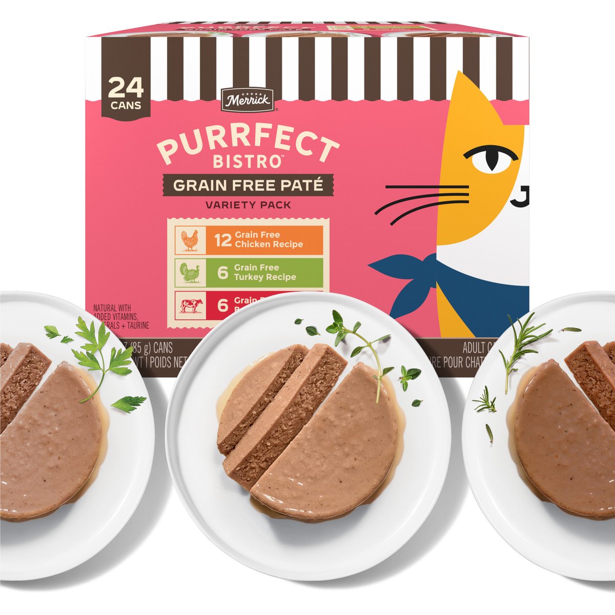 Merrick Purrfect Bistro Turkey, Beef & Chicken Recipe Variety Pack Grain-Free Pate Canned Cat Food, 3-oz, case of 24