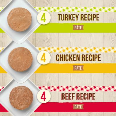 Show full view: Merrick Purrfect Bistro Turkey, Beef & Chicken Recipe Variety Pack Grain-Free Pate Canned Cat Food, 3-oz, case of 24 slide 4 of 13